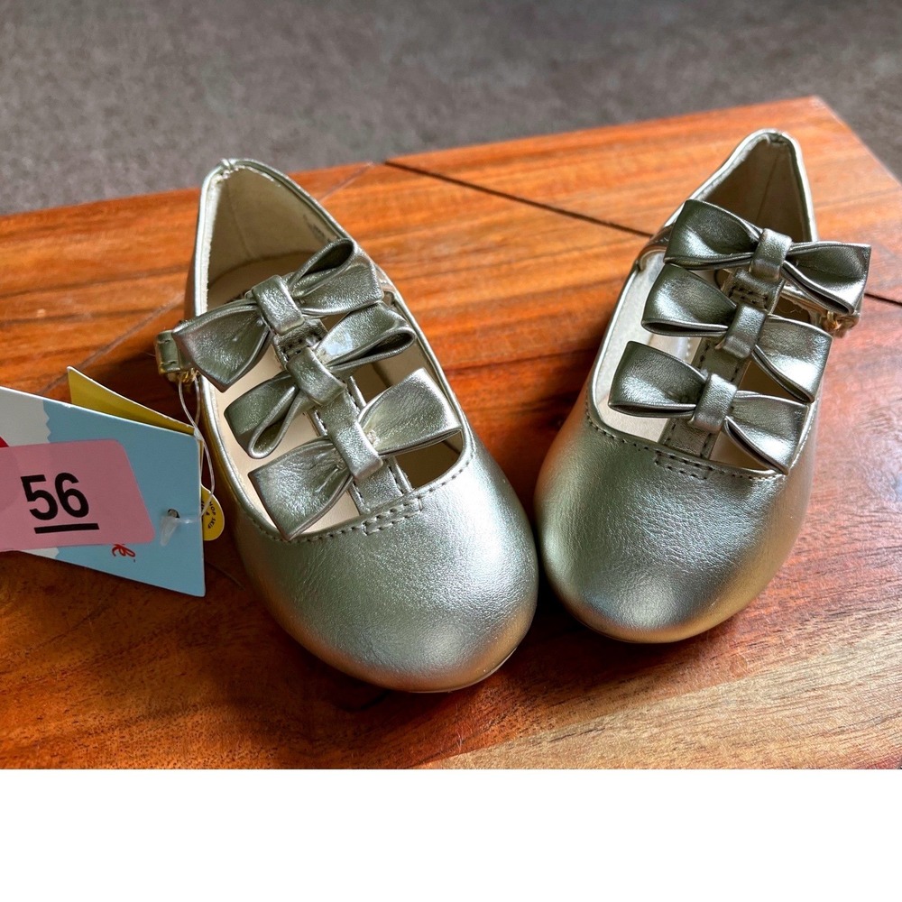 Cat & Jack Girls‎ Gold Metallic Triple Bow Mary Jane Dress Shoes Size 5 Baby NEW
